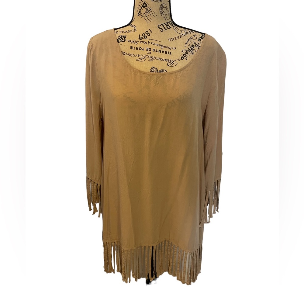 Easel fringe rayon top with fringe hem and cuffs size L in taupe